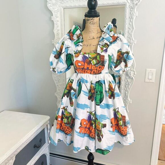New York Couture Reworked Teenage Mutant Ninja Turtles Ruffle Puff Sleeve Dress - Picture 3 of 6